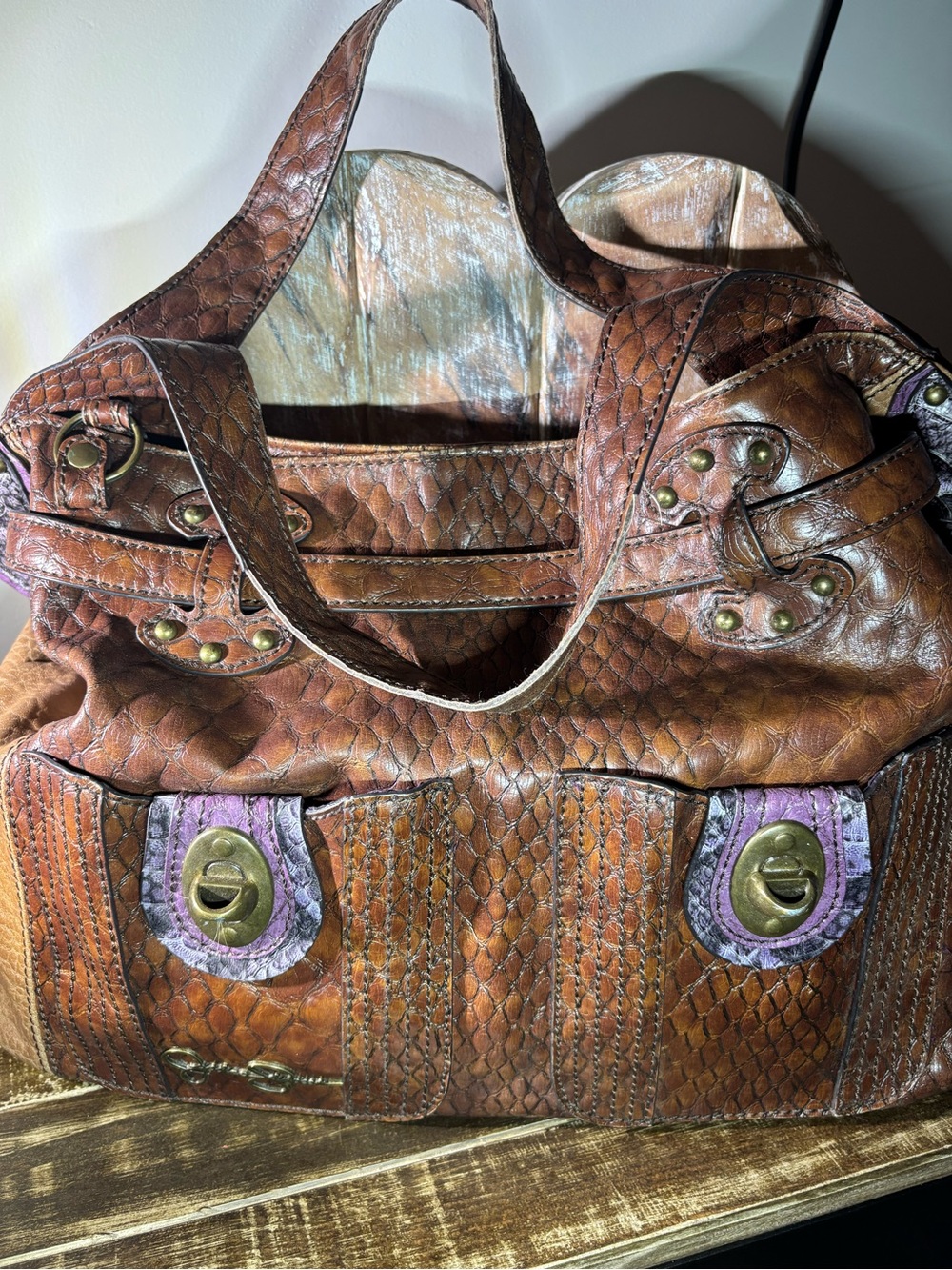 Jessica Simpson Reptilian Brown Textured Faux Leather Satchel Handbag Vegan Bag